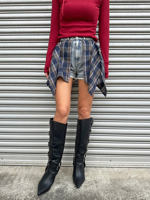 チェックシャツドッキングデニムショートパンツ